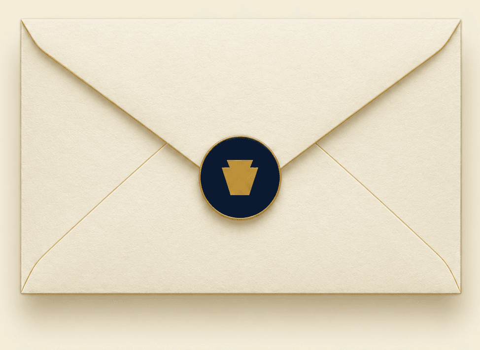 A sealed envelope with a keystone wax seal